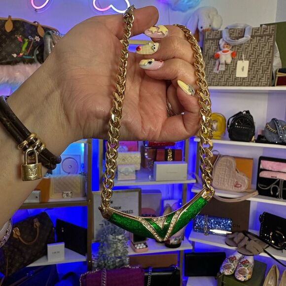 Vintage Dior Large Statement Emerald Green Gold Necklace - Picture 1 of 8